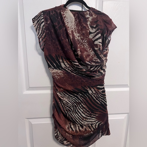 Mixed animal Crinkle Chiffon High Neck Ruched Mini Dress - Picture 6 of 9